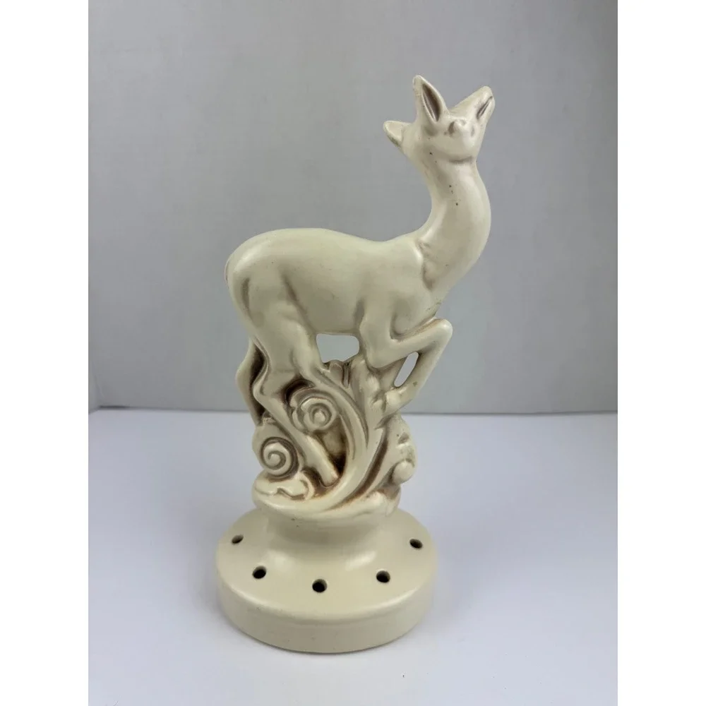 Red Wing Pottery Figural Deer Flower Frog, Art Deco Ivory Ceramic Centerpiece